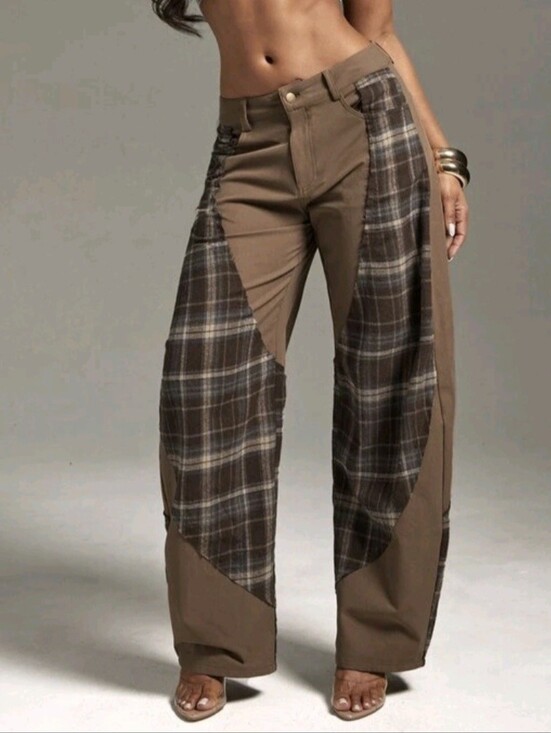 Pants - Plaid Detail Patchwork Wide Leg Pants Fashionable Bottoms  Outfits Streetwear
